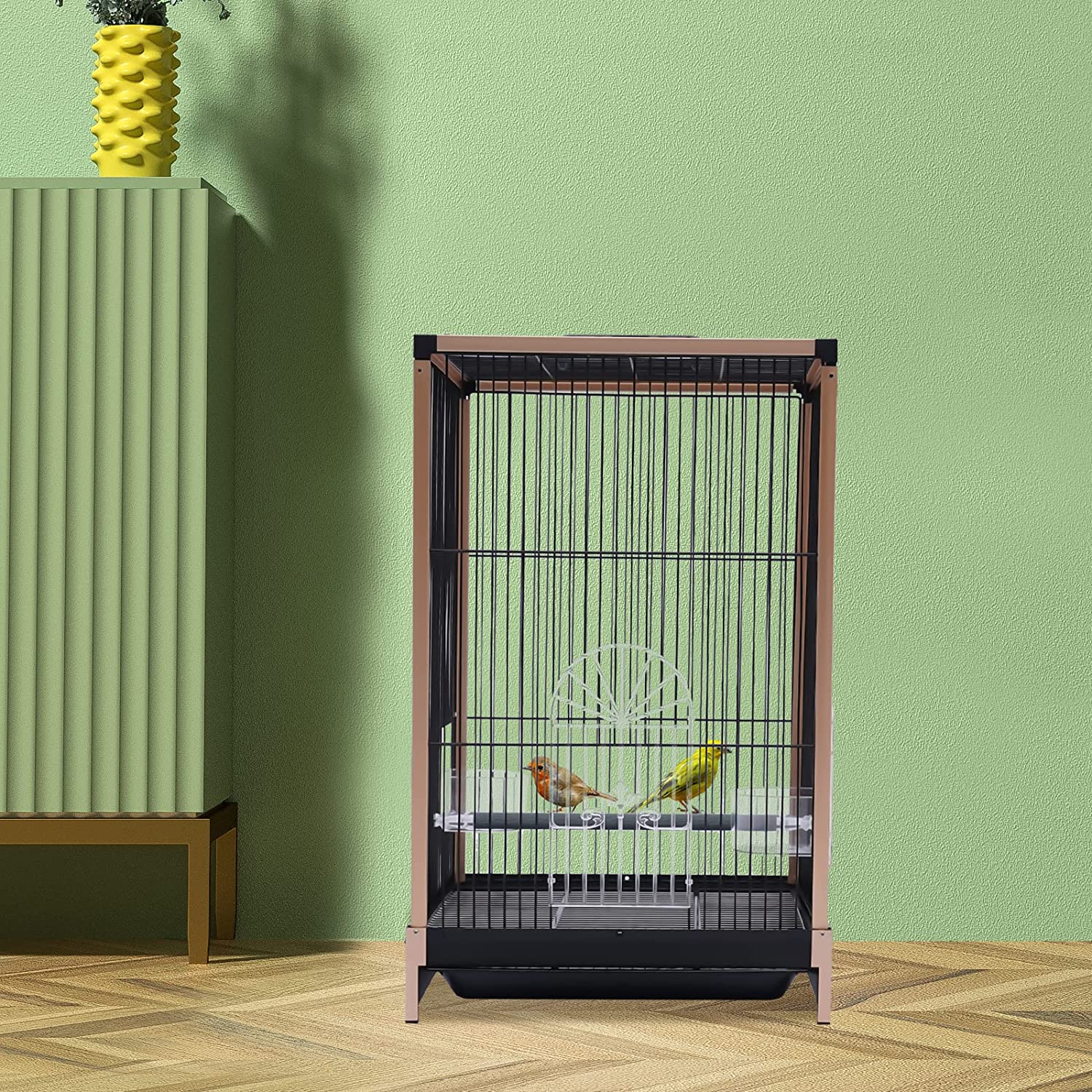 Miumaeov Flat Top Bird Travel Cage， Black， Gold Parrot Carrier Cage With Feeding Cup (aluminum Alloy Frame)， Carrier Travel Cage For Mid-sized Or Small Birds， 13.2*12.4*21inch