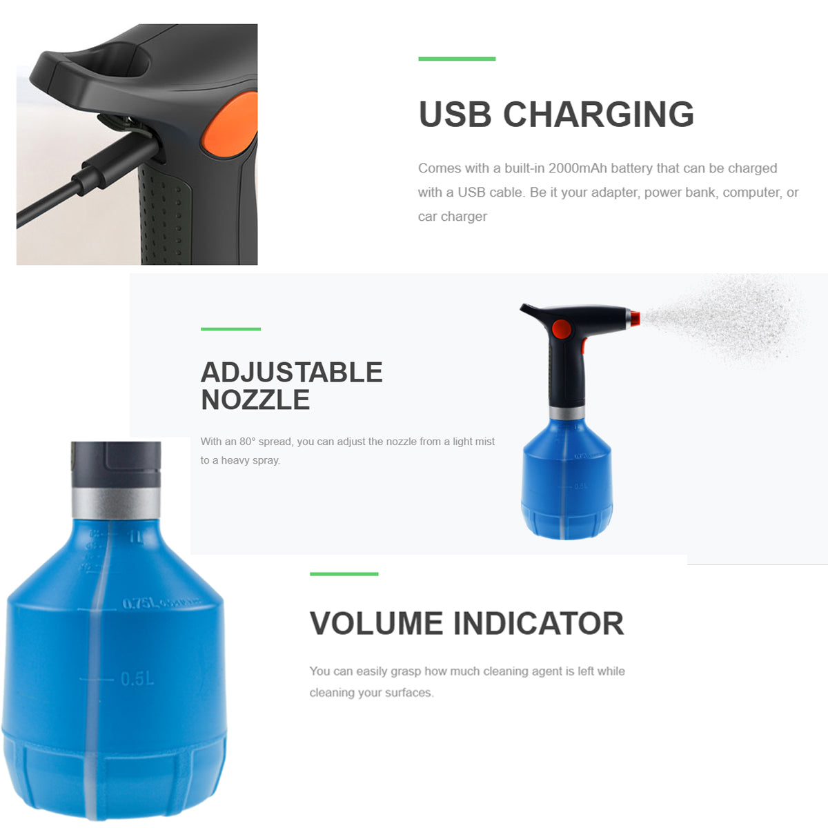 Electric Spray Bottle for Cleaning Solutions 360° Automatic Continuous Spray Bottle and Adjustable Swirl Nozzle Multi-Purpose Compact Plant Mister Battery Powered USB Rechargeable 1L