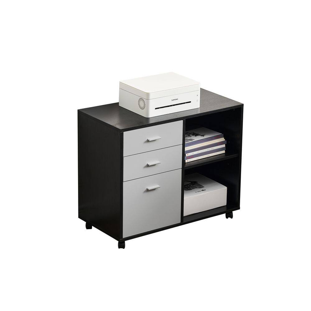 URTR Office Black and Light Gray Lateral File Cabinet with Drawers and Shelves Storage Cabinet with Wheels 1 EA Printer Stand HY02315Y