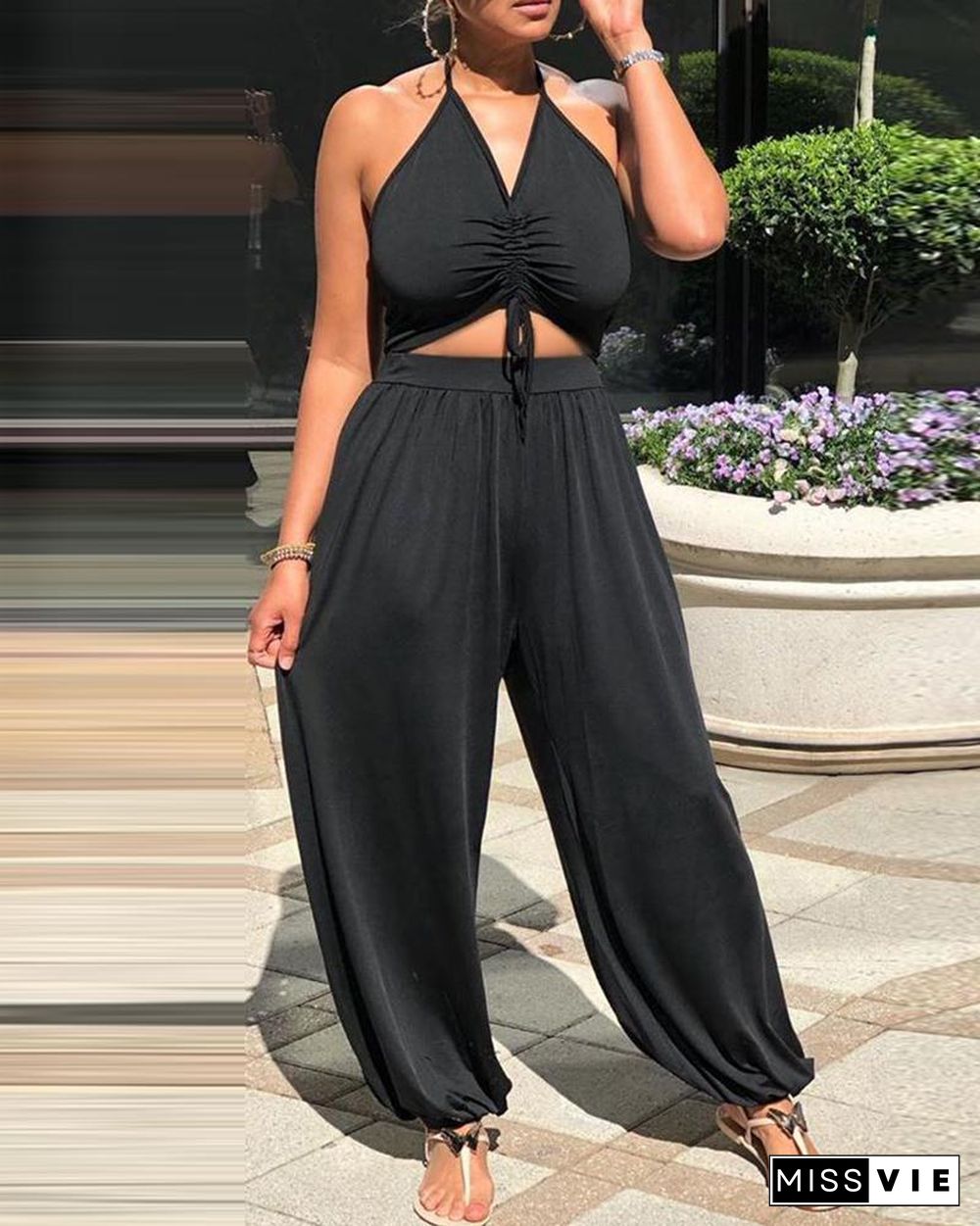 Halter Cutout Plain Drawstring Jumpsuit