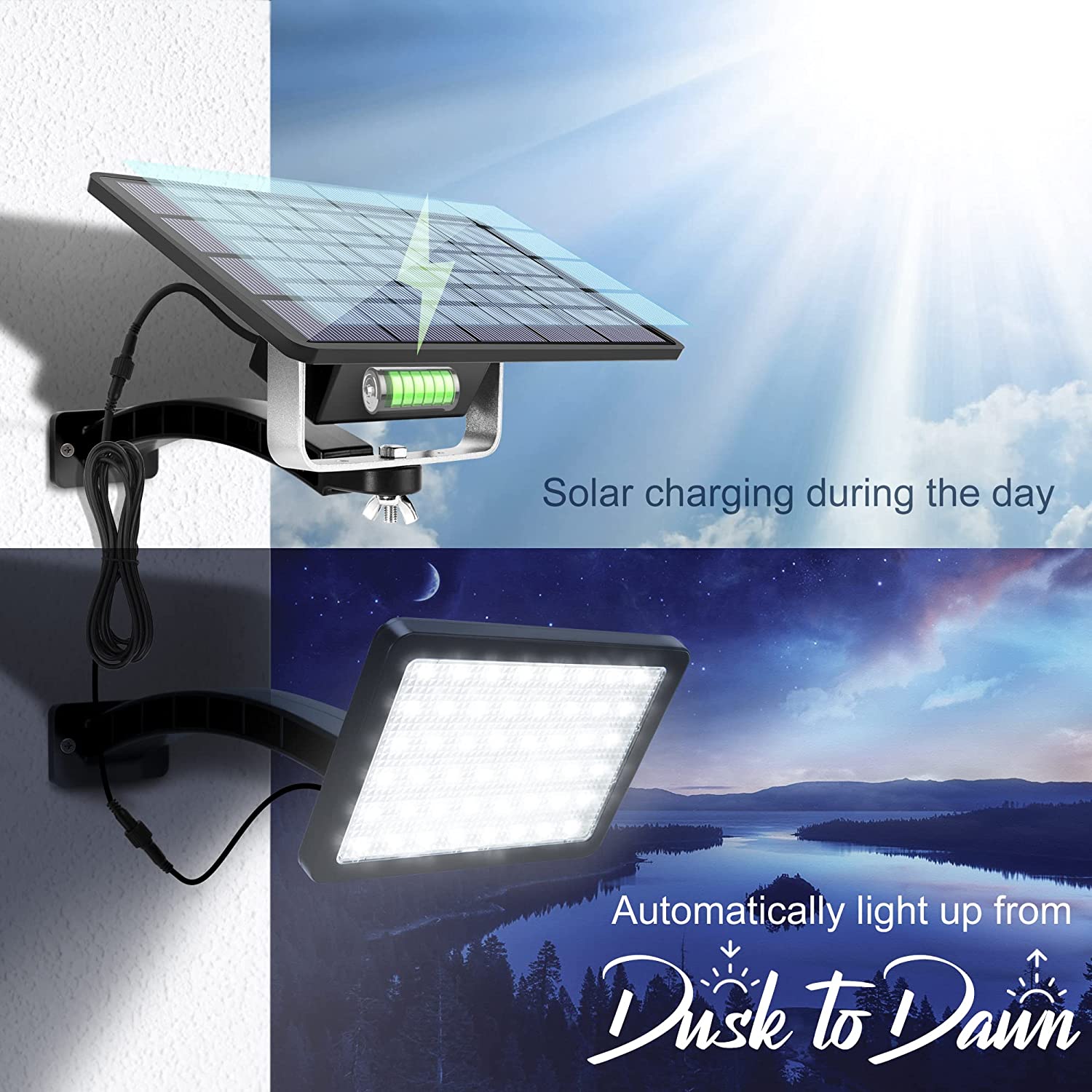 1000 Lumens 48 LED Solar Lights  5500mAh Battery， IP65 Waterproof Outdoor Solar ， Black