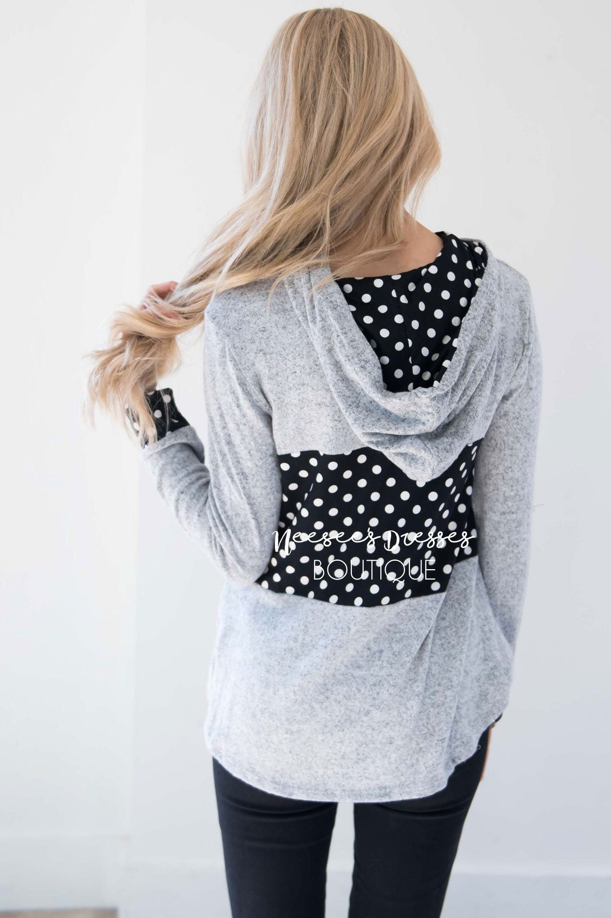 Soft Gray Hoodie with Black & White Polka Dots