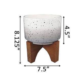 Flora Bunda 7 in. Grey Ombre W Specks Ceramic Pot on Wood Stand Mid-Century Planter EM1911E-GY