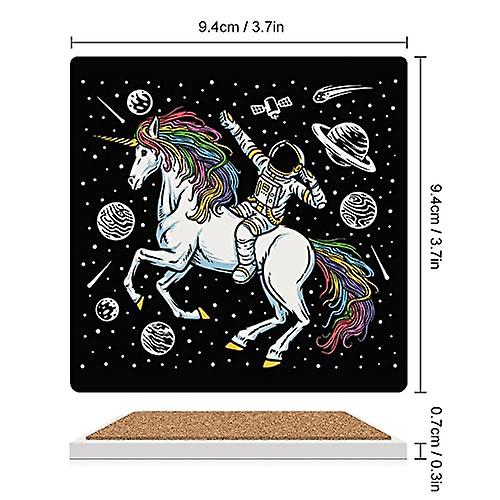 Colourlife Square Drink Coasters 6 Pcs Astronaut And Unicorn In Space Absorbent Ceramic Coffee Coasters For Drinks With Cork Base Housewarming Gift Fo