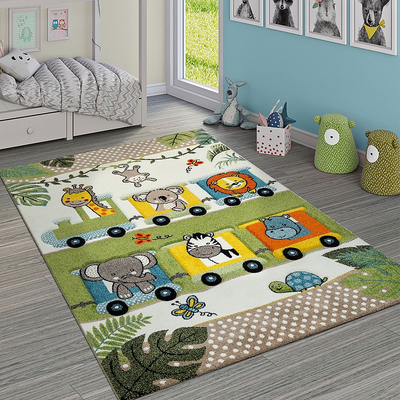 Colorful Nursery Rug for Kids with Cute Jungle Animals in Locomotive