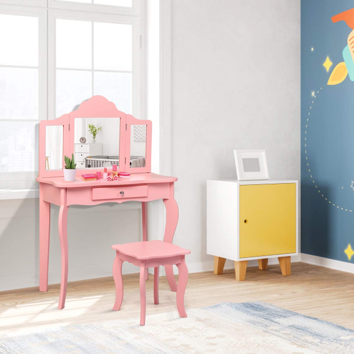 Costzon Kids Wooden Vanity Table & Stool Set, 2 in 1 Detachable Design with Dressing Table and Writing Desk (Pink)