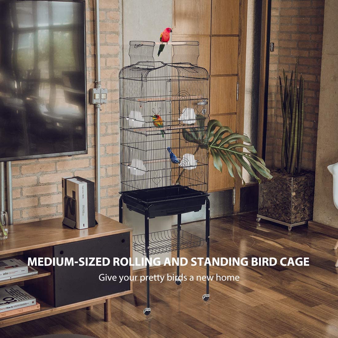 VIVOHOME 59.8 Inch Wrought Iron Bird Cage with Play Top and Rolling Stand for Parrots Conures Lovebird Cockatiel Parakeets