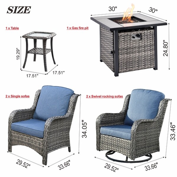 OVIOS Grey Wicker 6piece Patio Furniture Set Swivel Rocking Chair With Fire Pit