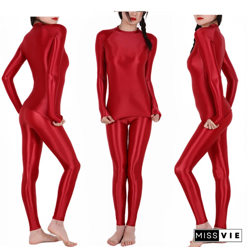 Ladies High Elastic Silky 2 Pieces Top + Pant Oil Shine Satin Yoga Suit Set Workout Clothes Plus Size