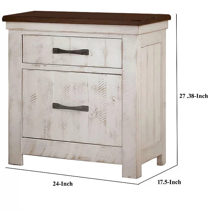 Nightstand with Plank Design 2 Drawers and USB Plugs， White and Brown