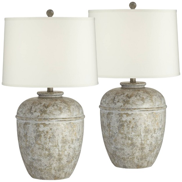 Tall Jug Farmhouse Rustic Country Cottage Table Lamps Set Of 2 Mottled Stone Finish Living Room Bedroom Bedside Cream Shade