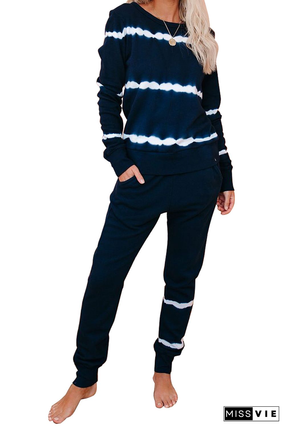 Navy Tie-dye Stripes Pullover Top and Pants Lounge Set