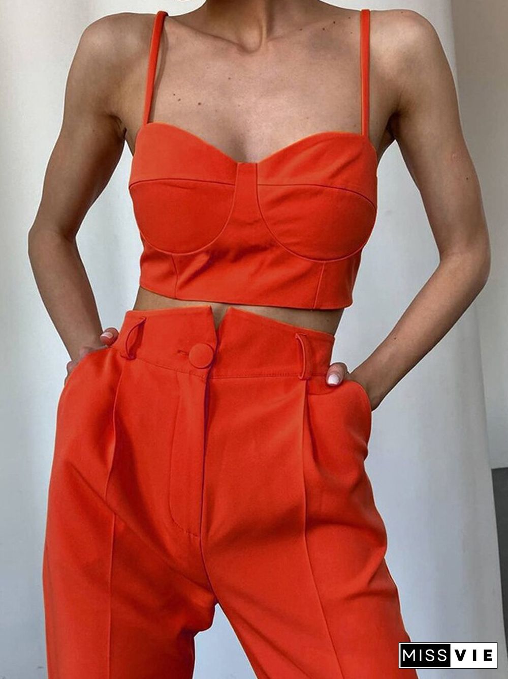 Women Sexy Sling V-Neck Backless Short Tops And High Waist Straight Pants Suit Fashion Solid 2 Piece Sets Slim Sleeveless Suits