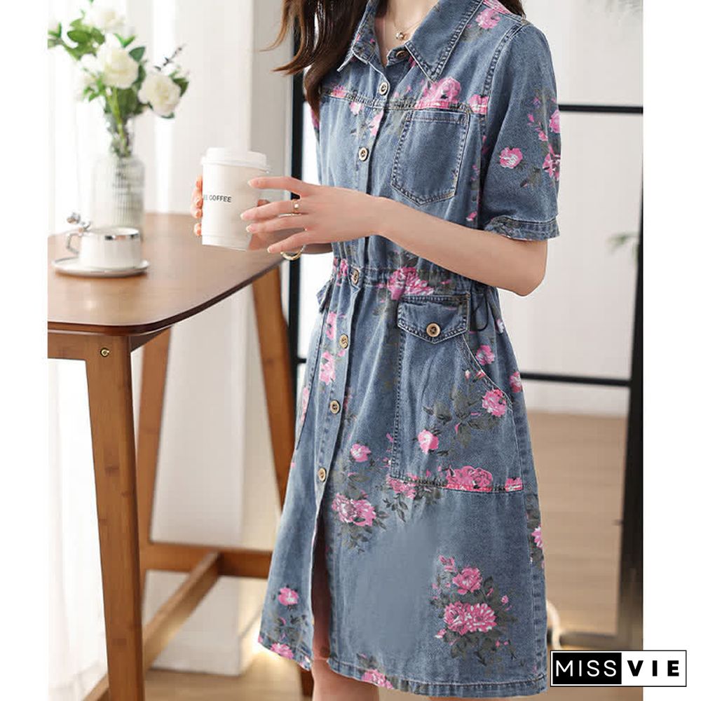 Floral Print Drawstring Lapel Denim Dress