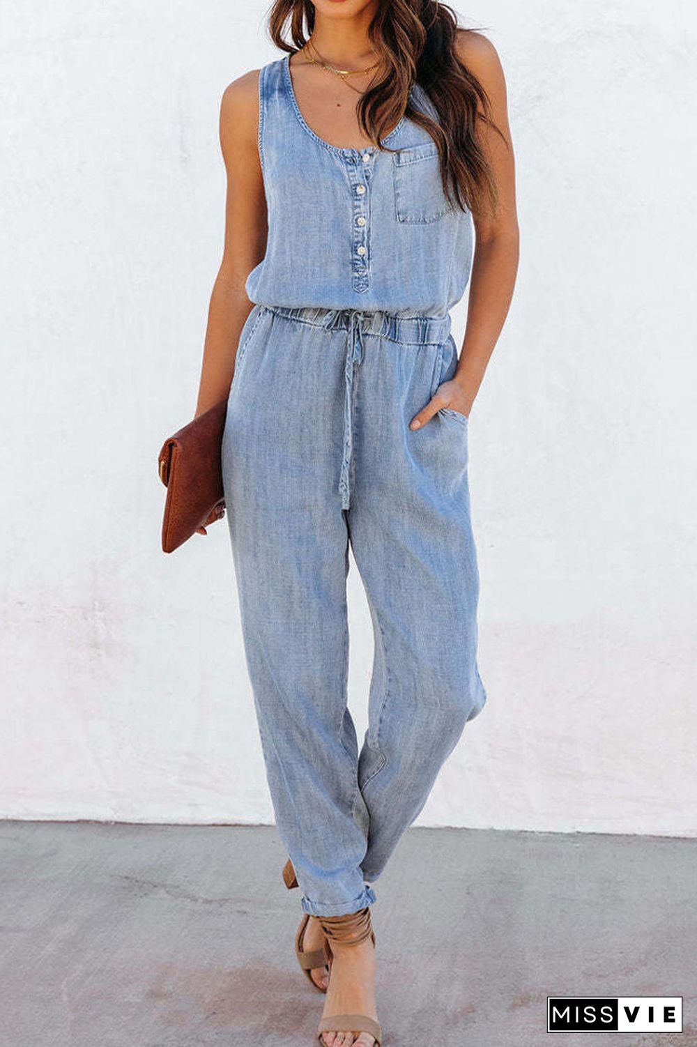 Sleeveless Denim One Piece Jumpsuit