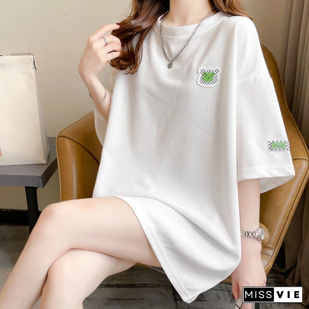 Loose Bear Embroidery Waffle Round Collar T-Shirt