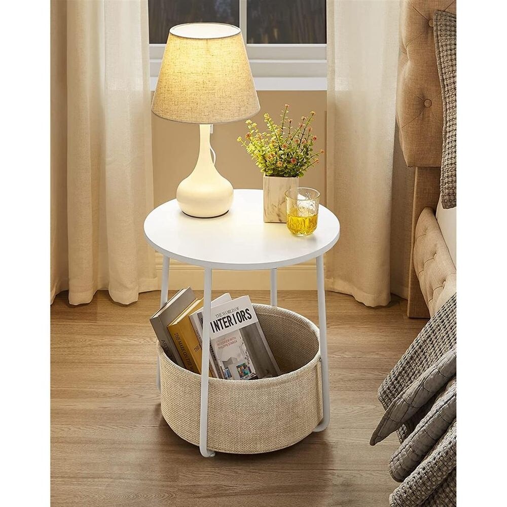 Modern Nightstand  Small Round Side End Table with Fabric Basket