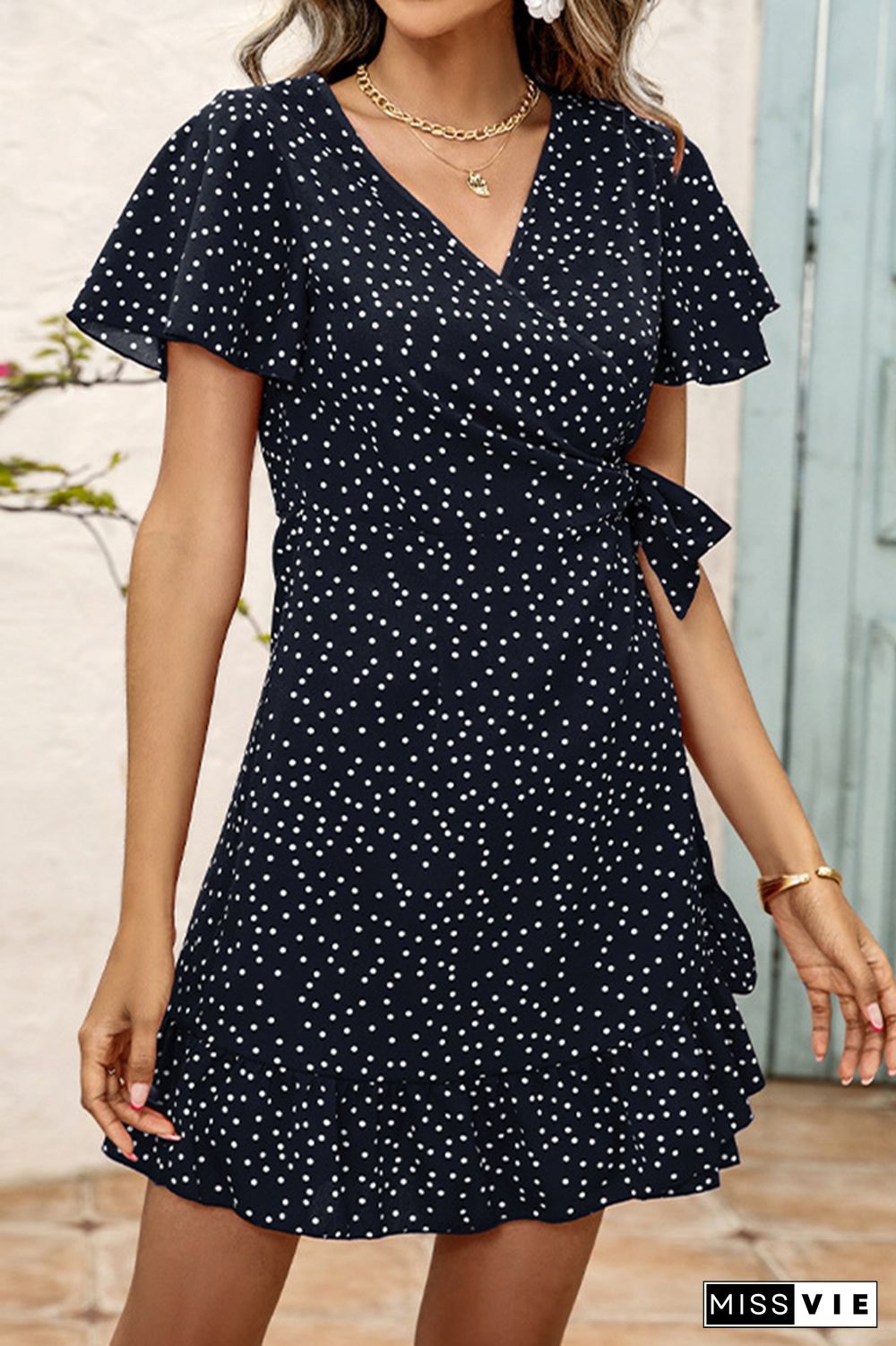 Polka Dot Print V Neck Short Dress Wholesale