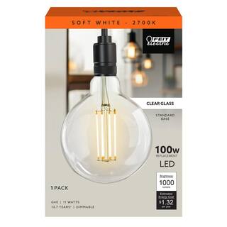 Feit Electric 100-Watt Equivalent G40 Dimmable Straight Filament Clear Glass E26 LED Vintage Edison Light Bulb Soft White G40100927CAFIL