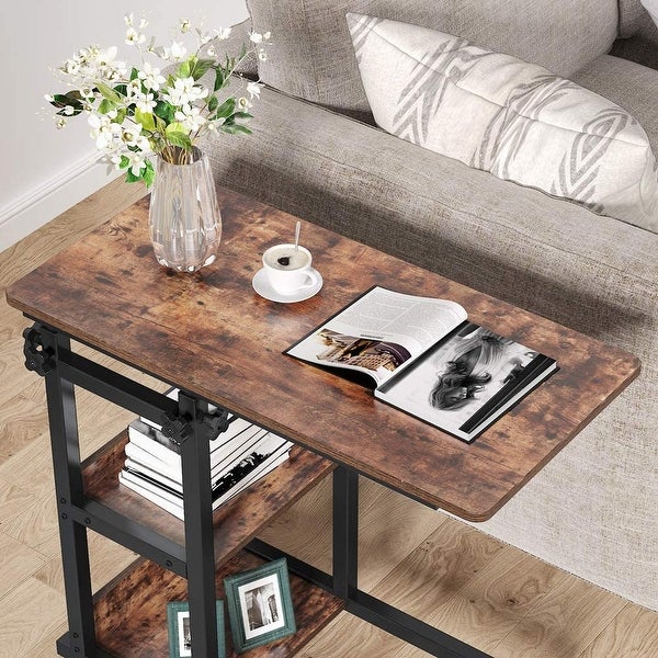 Height Adjustable C Table with Storage Shelves and Wheels， Mobile Sofa Side Table End Table Snack Table