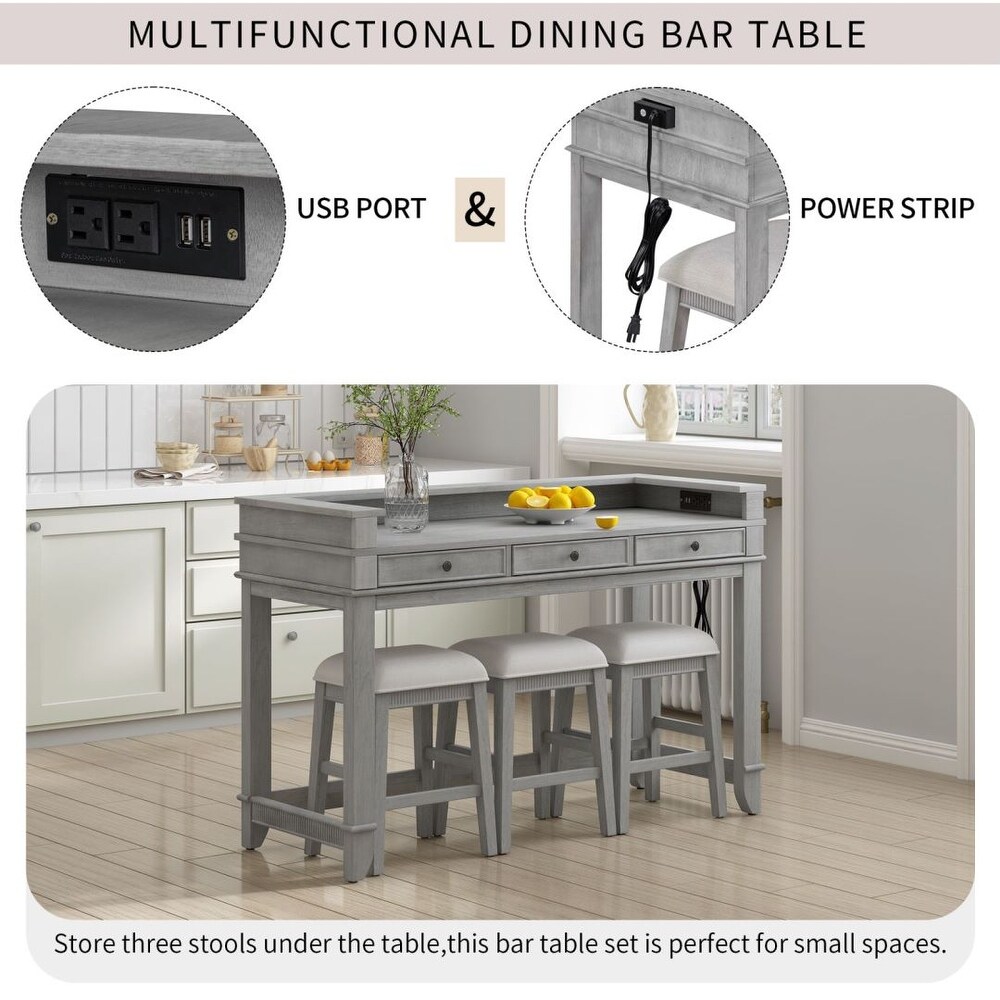 4 piece Dining Bar Table Set with 3 Drawers and 3 Upholstered Stools