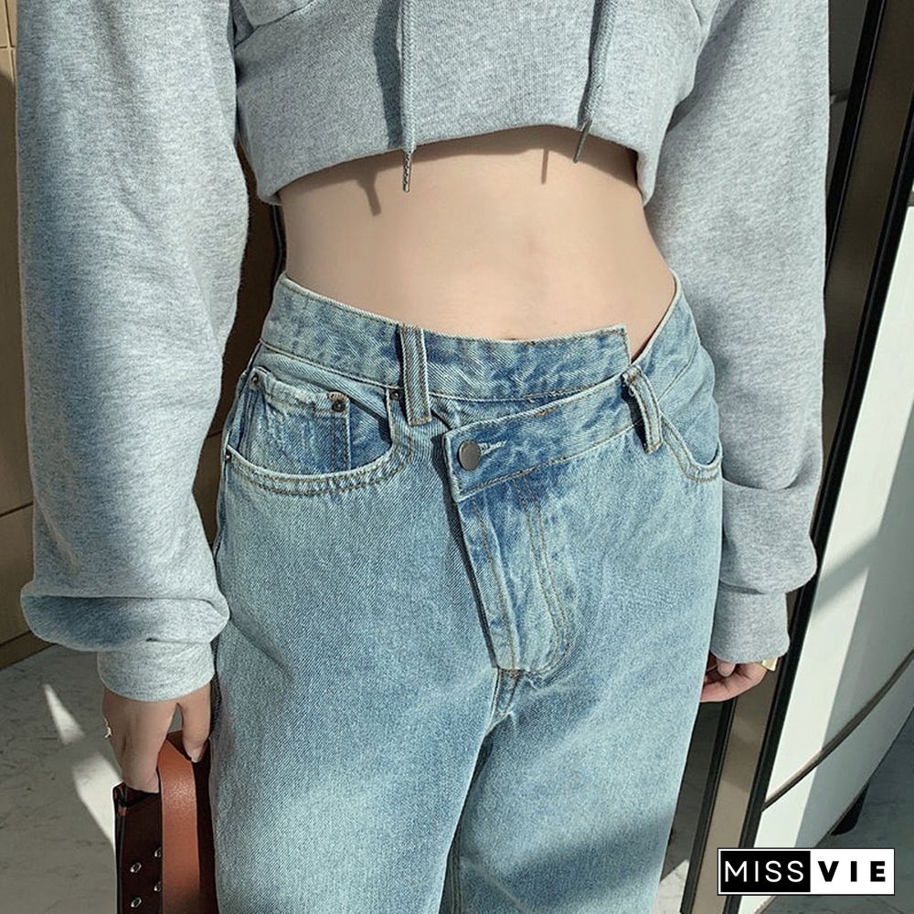 Asymmetric Waist Irregular Side Slit Bootleg Jeans