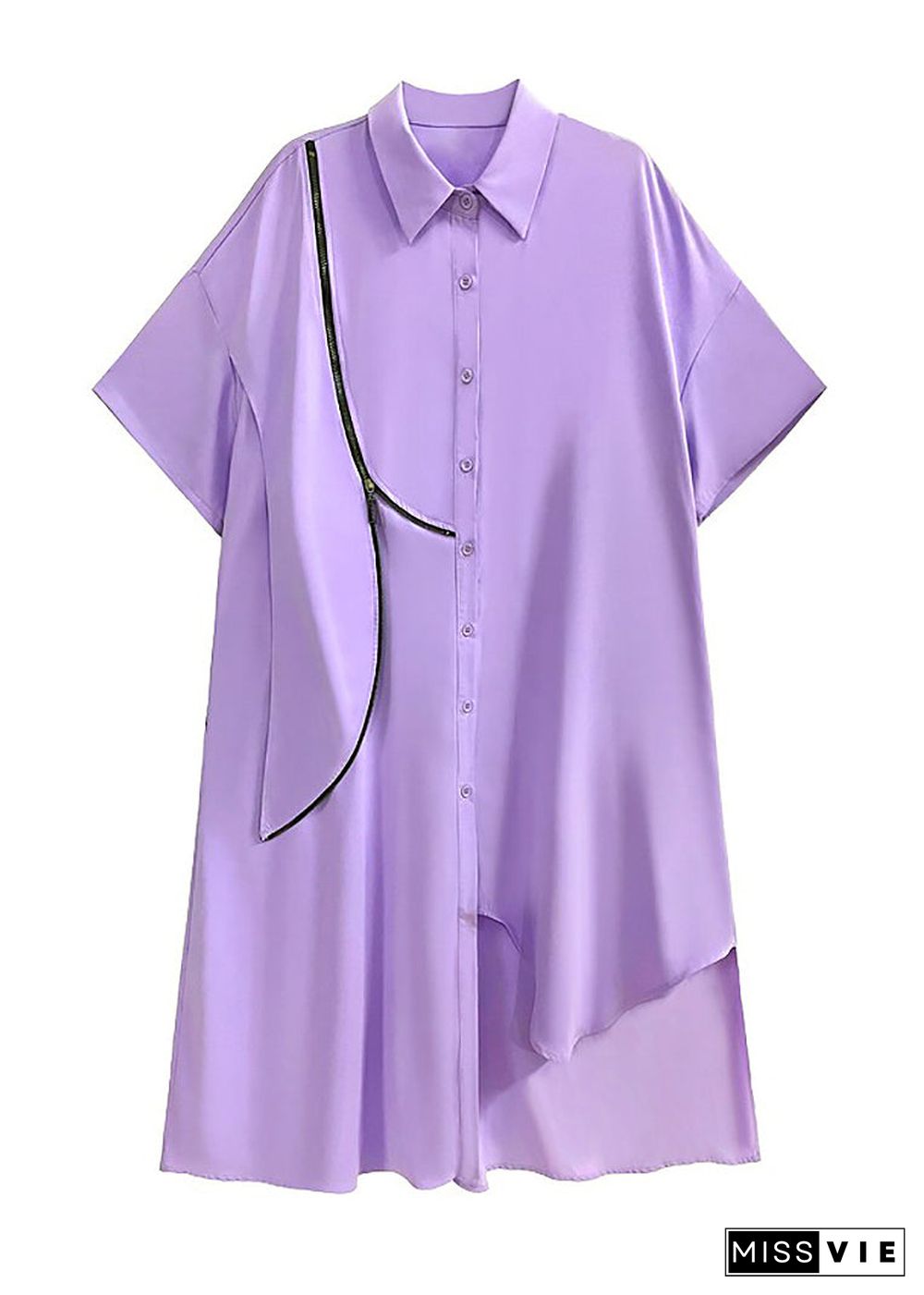 Unique Purple Asymmetrical Zippered Patchwork Chiffon Shirts Dresses Summer