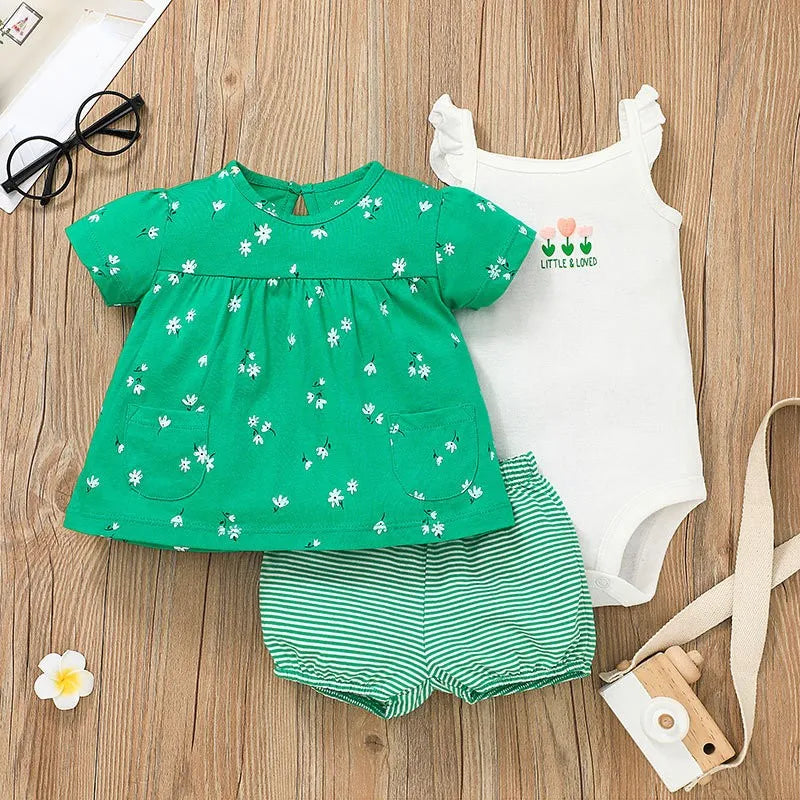 3 Pieces Newborn Infant Baby girl clothes 2023 Summer Cute Cartoon Bodysuit+Tops+Shorts Soft Cotton Bebies Kids Outfits