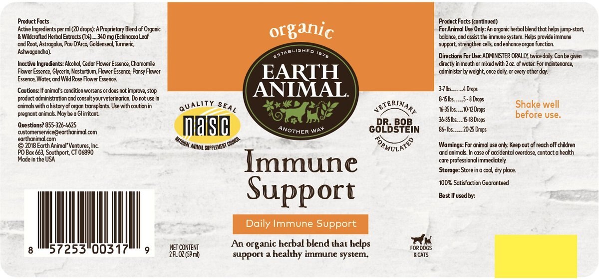 Earth Animal Natural Remedies Immune Support Liquid Homeopathic Immune Supplement for Dogs and Cats， 2-oz bottle