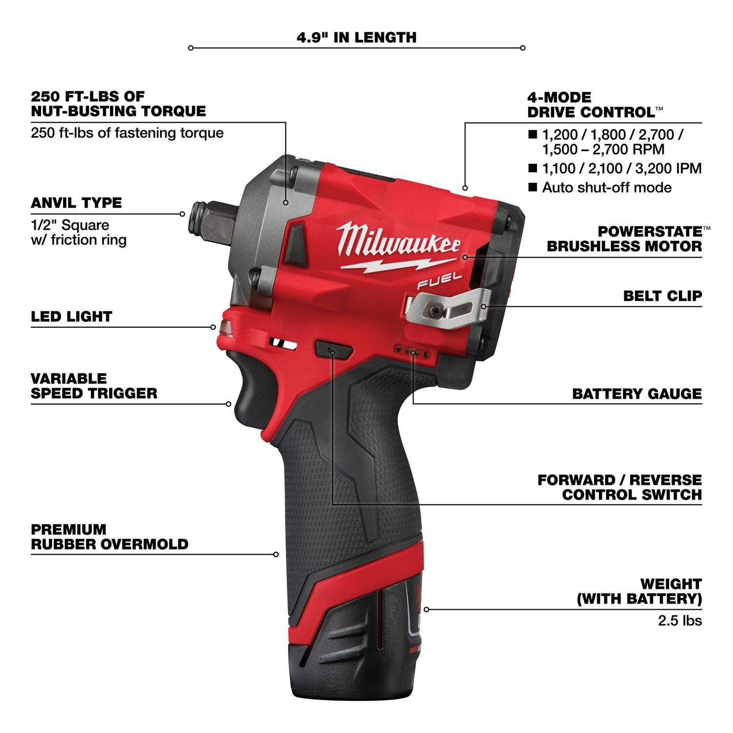 MW M12 FUEL 12 V 1/2 in. Cordless Brushless Stubby Impact Wrench Kit (Battery \u0026 Charger)