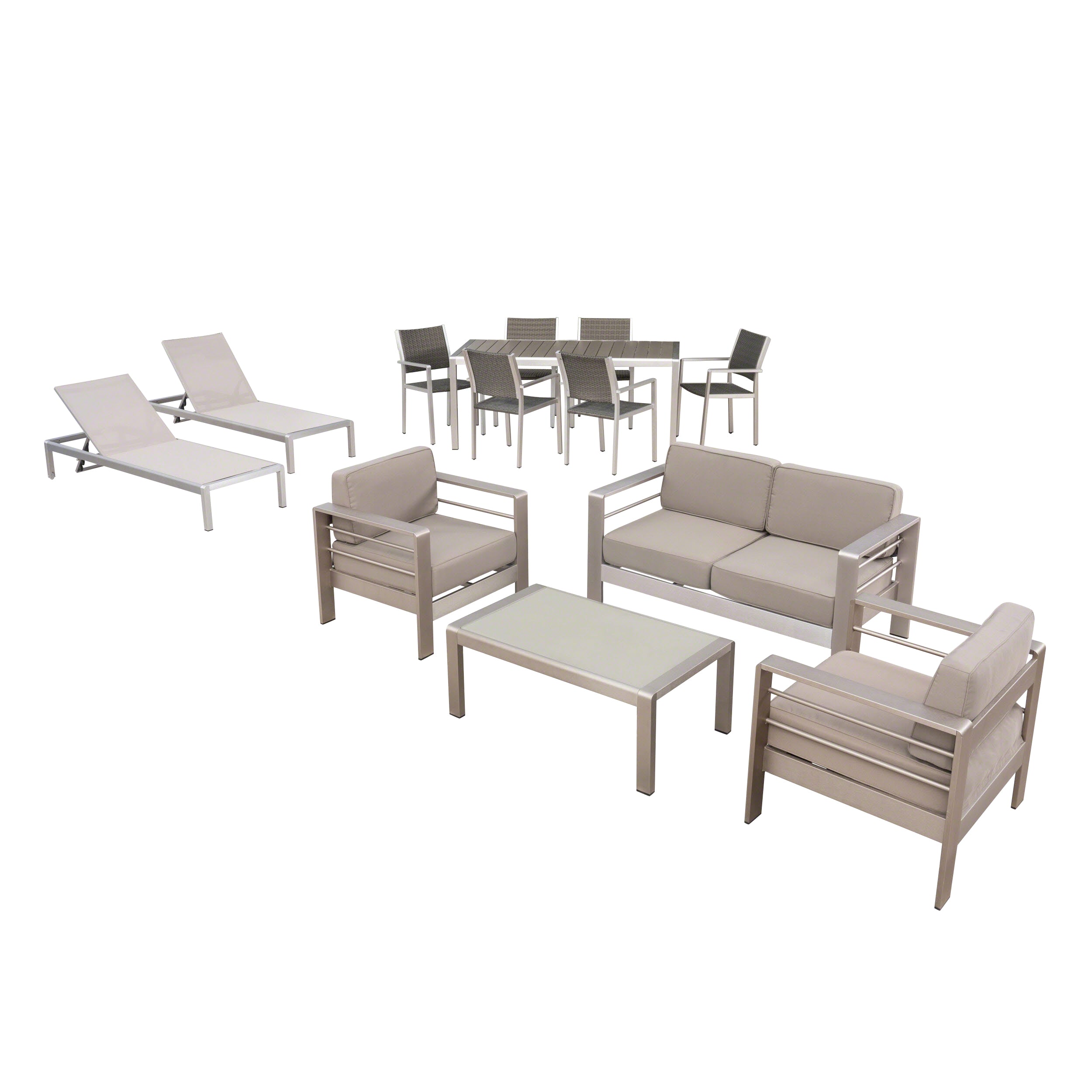 Crested Bay 7 Piece Dining Set with Faux Wood + 4pc Chat Set + 2 Chaise Lounges