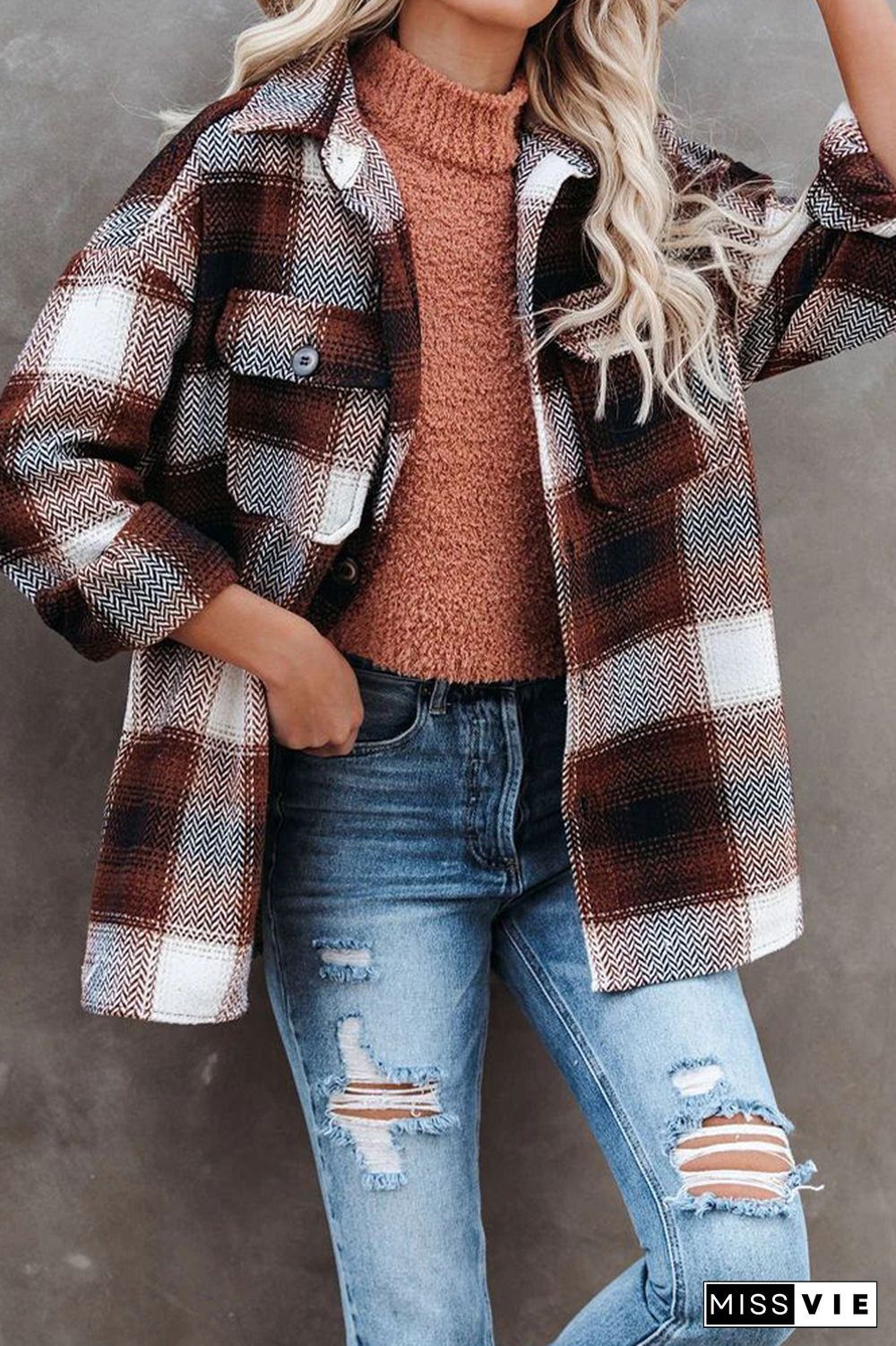 Plaid Pocket Open Button Jackets