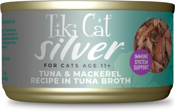 Tiki Cat Silver Tuna and Mackerel Recipe in Tuna Broth Senior Wet Cat Food， 2.4-oz can， case of 6