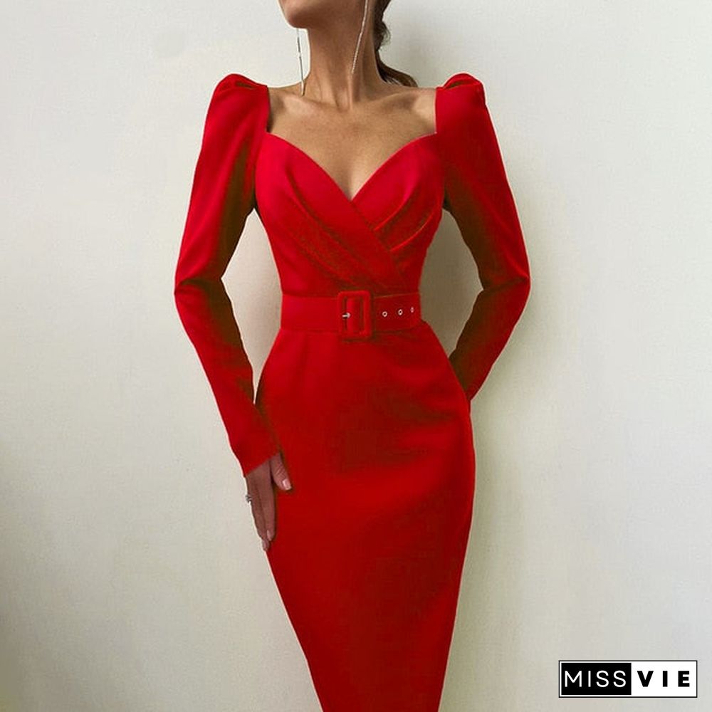 Instahot Elegant Party Women Dress Slim V Neck Long Sleeve Mid Calf Pencil Dress Casual Office Lady Solid Red Puff Sleeve