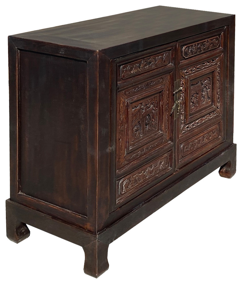 Chinese Brown Scenery Relief Carving Panel Doors Side Table Cabinet Hcs7430   Asian   Side Tables And End Tables   by Golden Lotus Antiques  Houzz