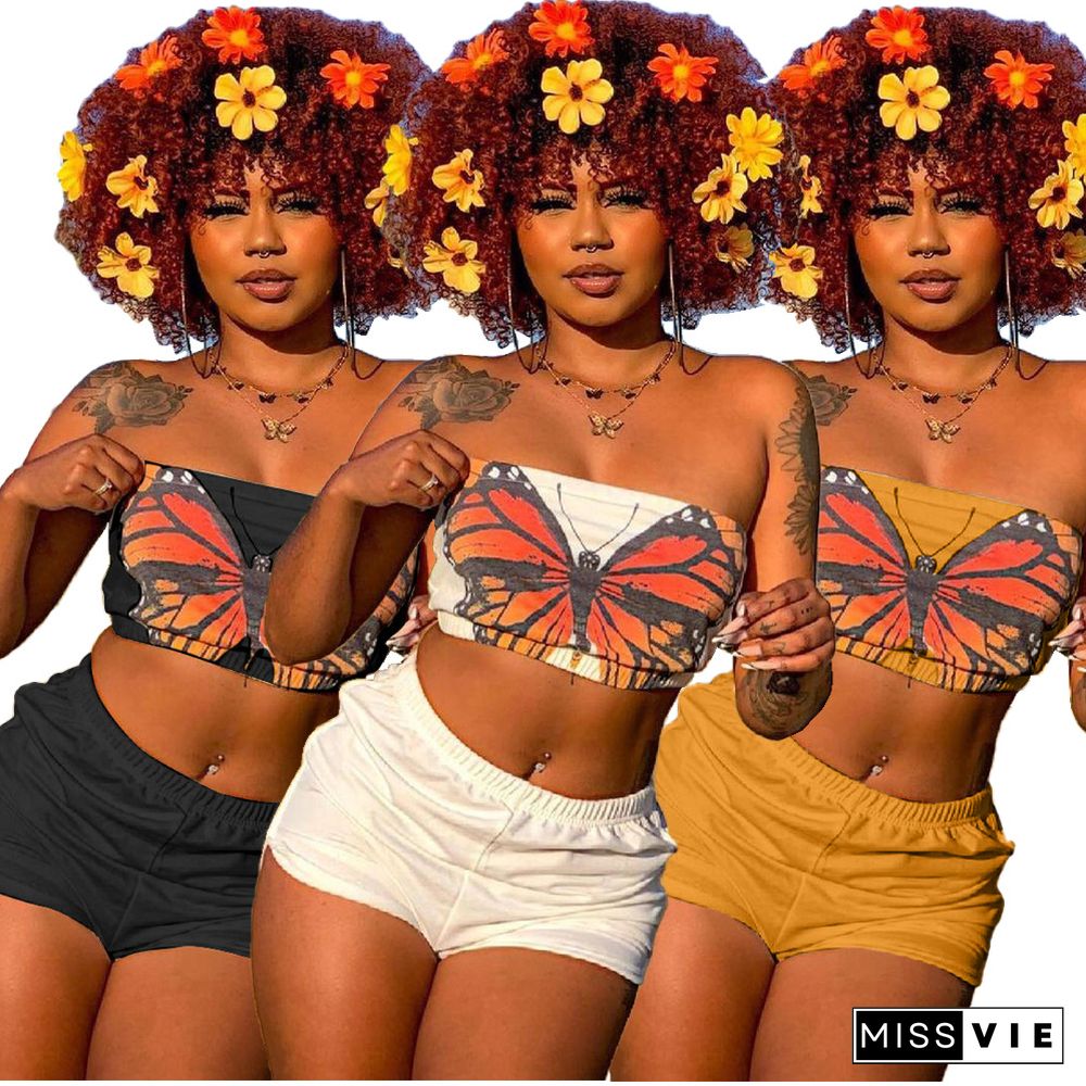 Summer Clothing Strapless Crop Top Elastic Waist Biker Shorts Butterfly Print Bodycon Club Women Two Piece Set