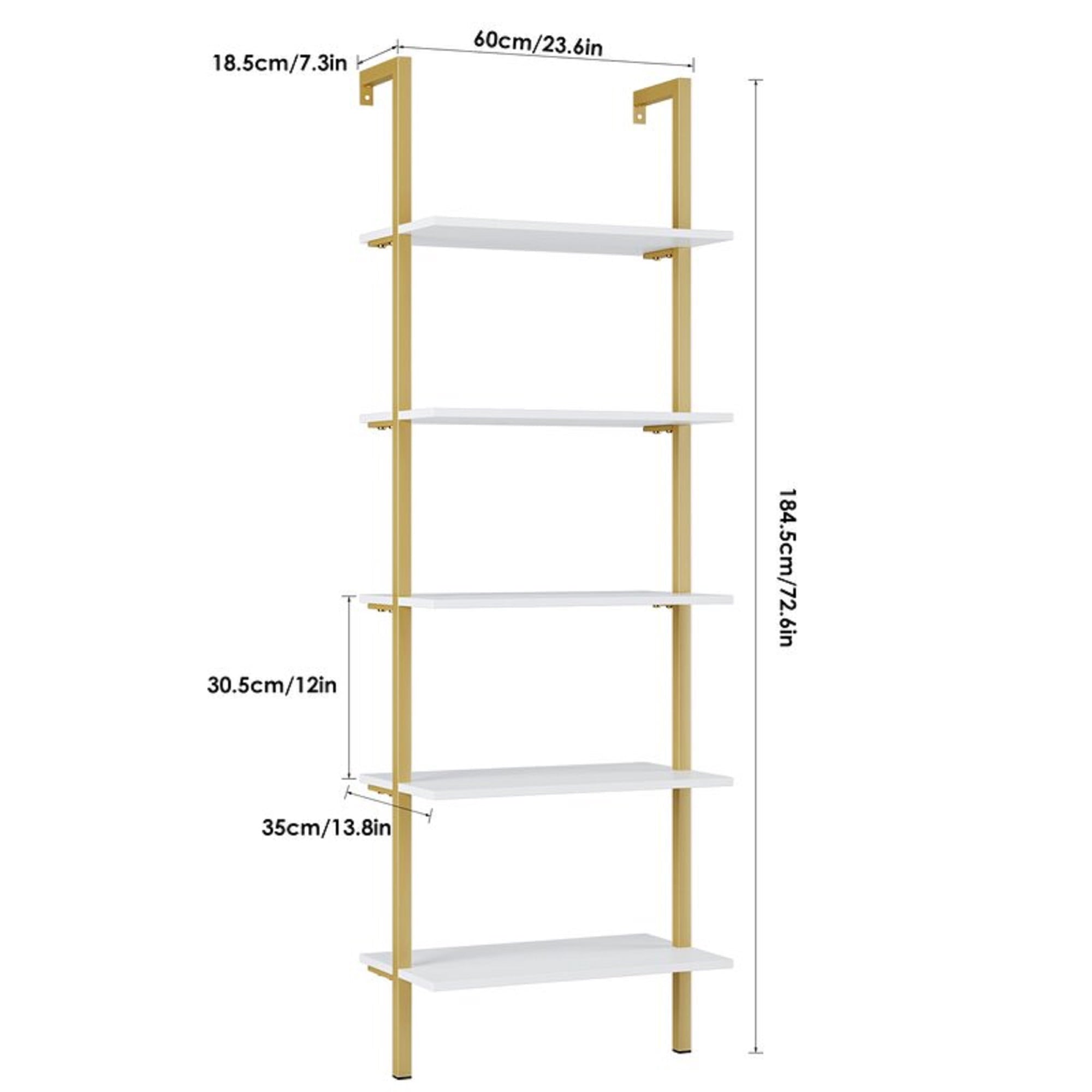 Homfa Wall Mounted Iron Bookcase, 5 Tiers Ladder Shelves with Gold Frame, White Finish