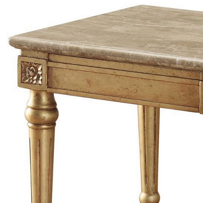 Marble Top End Table With Fluted Detail Wooden Turned Legs， Gold