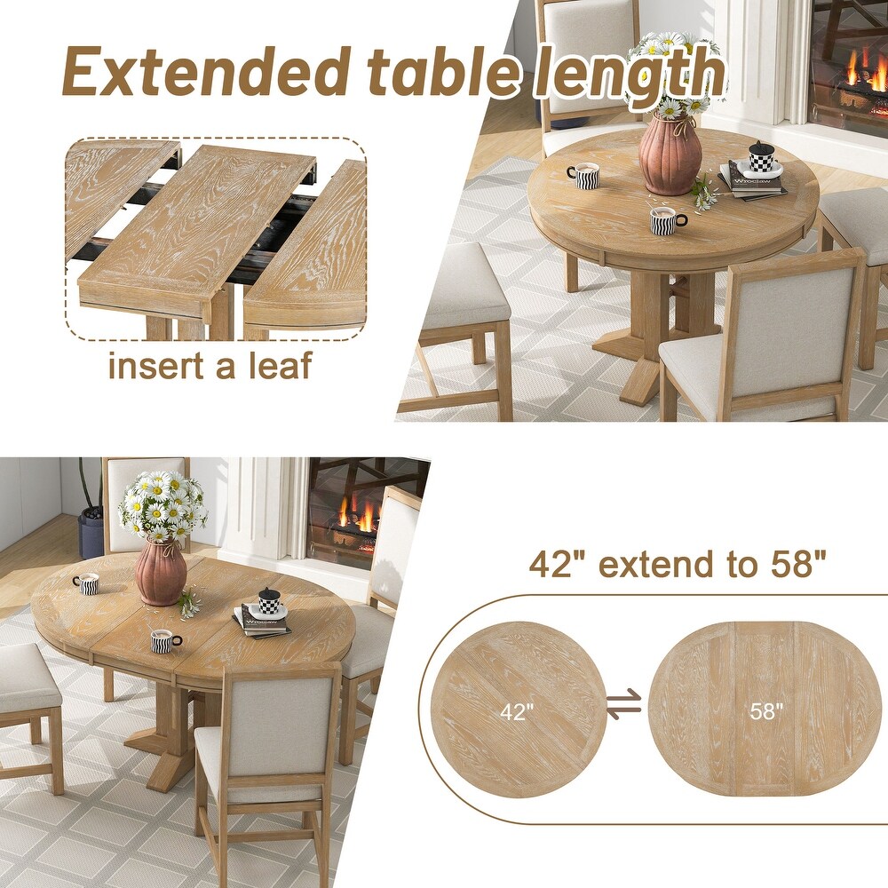 5 Piece Classic Dining Set  Extendable Round Table and 4 Upholstered Dining Chairs  Farmhouse Style Dining Table Sets