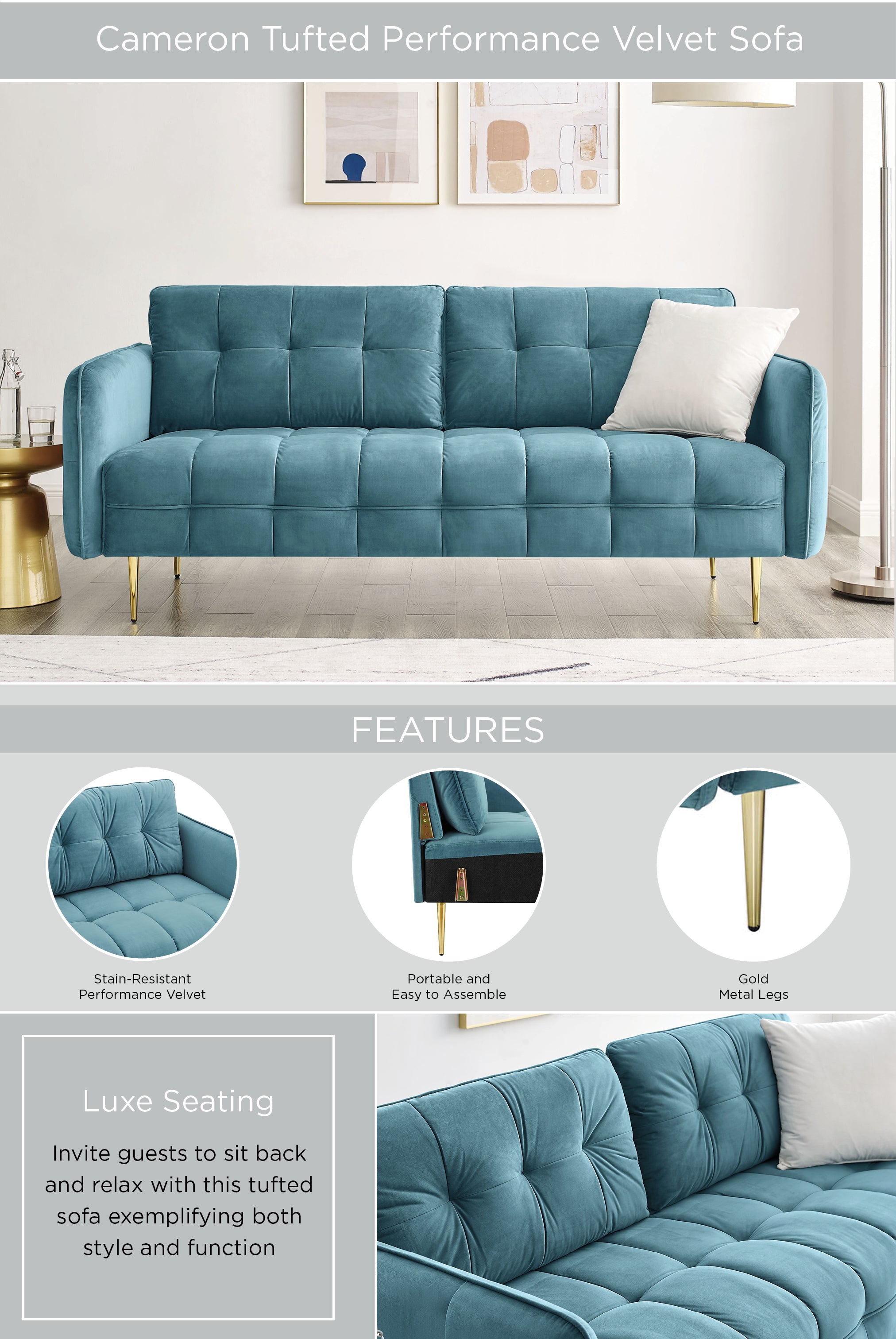 Cameron Tufted Performance Velvet Sofa-EEI-4450