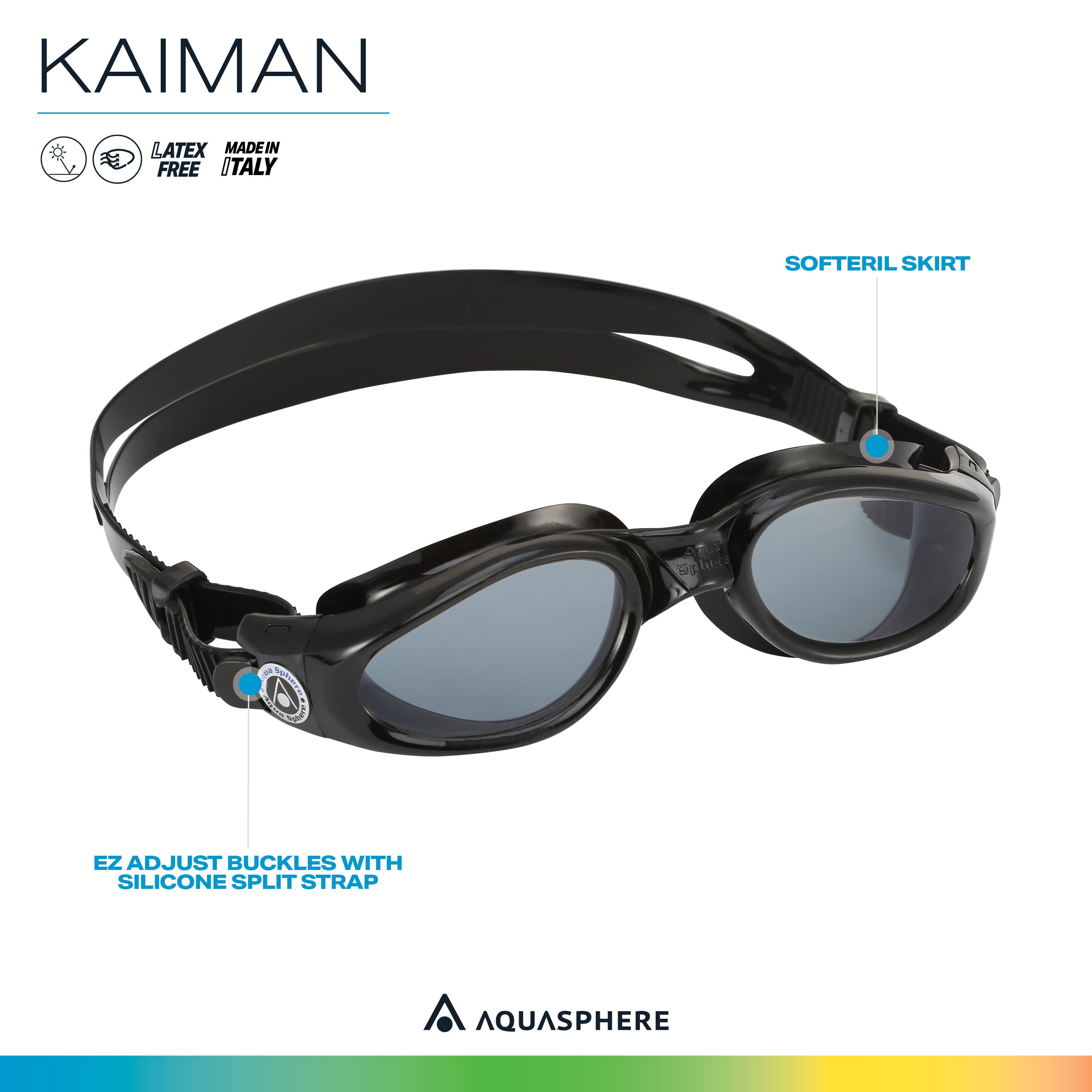 Aquasphere Kaiman Adult Swimming Goggles - The Original Curved Lens Goggle, Comfort & Fit for the Active Swimmer | Unisex Adult, Smoke Lens, Black/Black Frame