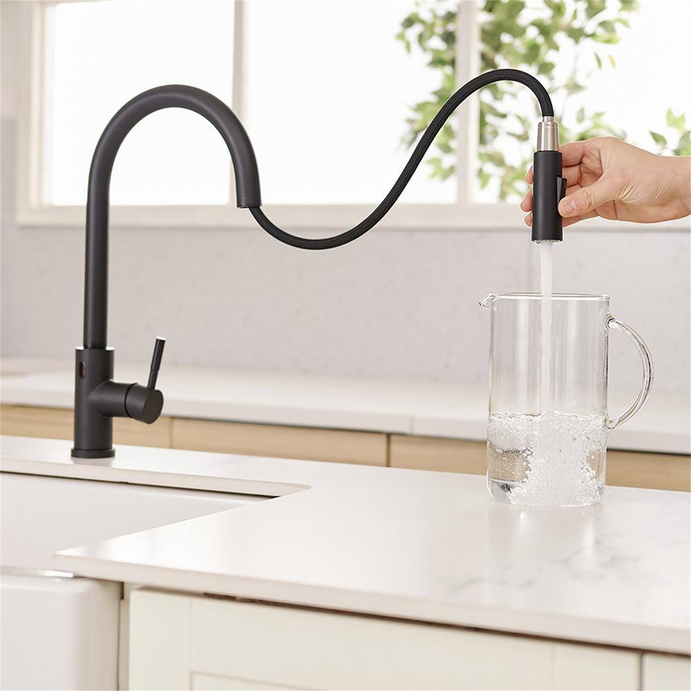 FLG Single Handle Touchless Gooseneck Pull Down Sprayer Kitchen Faucet Modern Smart 1 Hole Solid Brass Taps in Matte Black CC-0138-MB