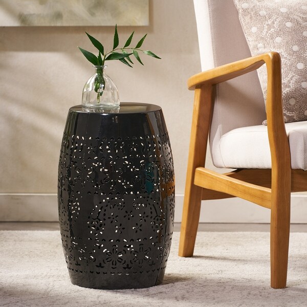 Black Outdoor Side Table with Clean，Precise Lines Finished Barrel Structure Lacecut Design 12.25