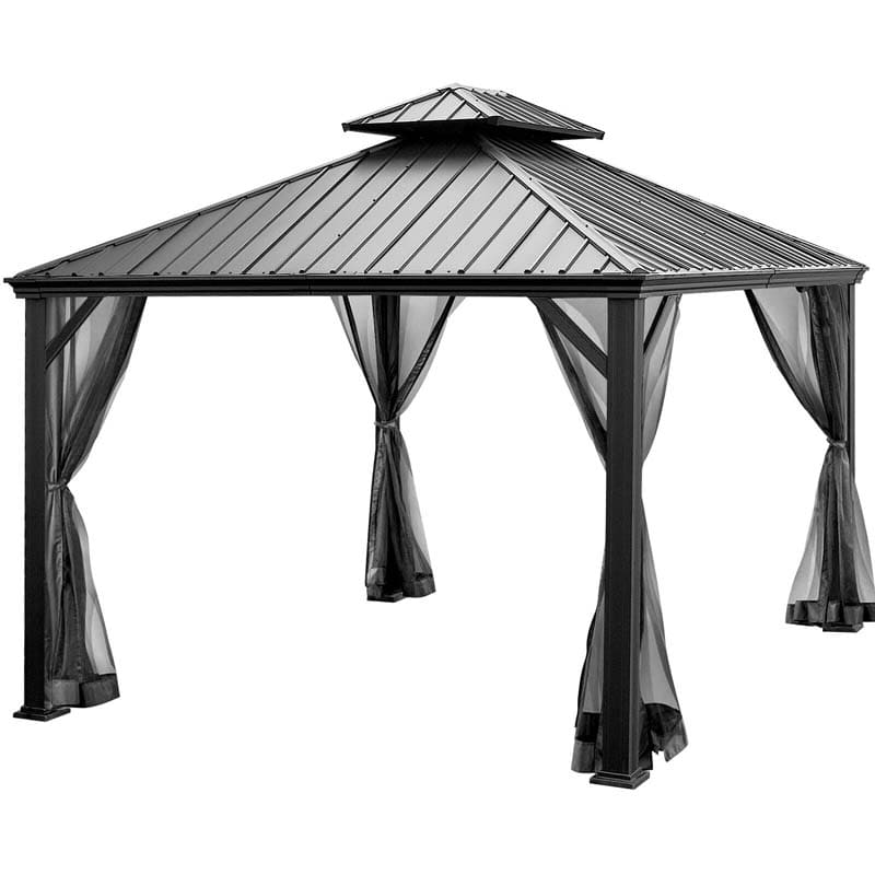 12 x 10 FT Hardtop Gazebo with Netting & Central Hook, 2-Tier Outdoor Patio Metal Gazebo Canopy Tent