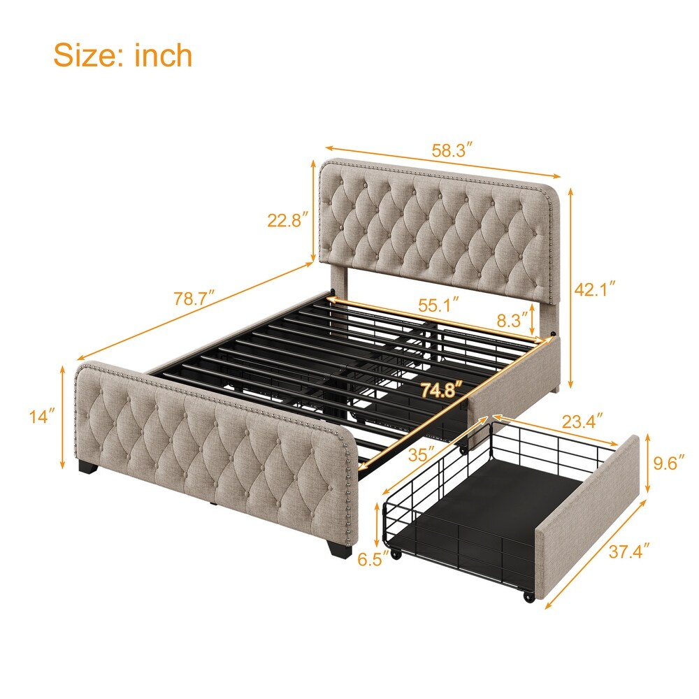 Upholstered Platform Bed Frame with Four Drawers Tufted Headboard and Footboard