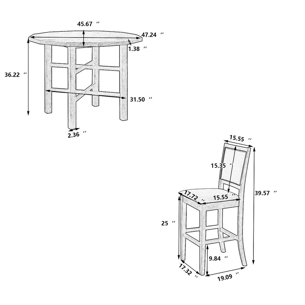 Modern 5 Piece Rubberwood Counter Height Dining Set with Cushioned Dining Chairs and 47\