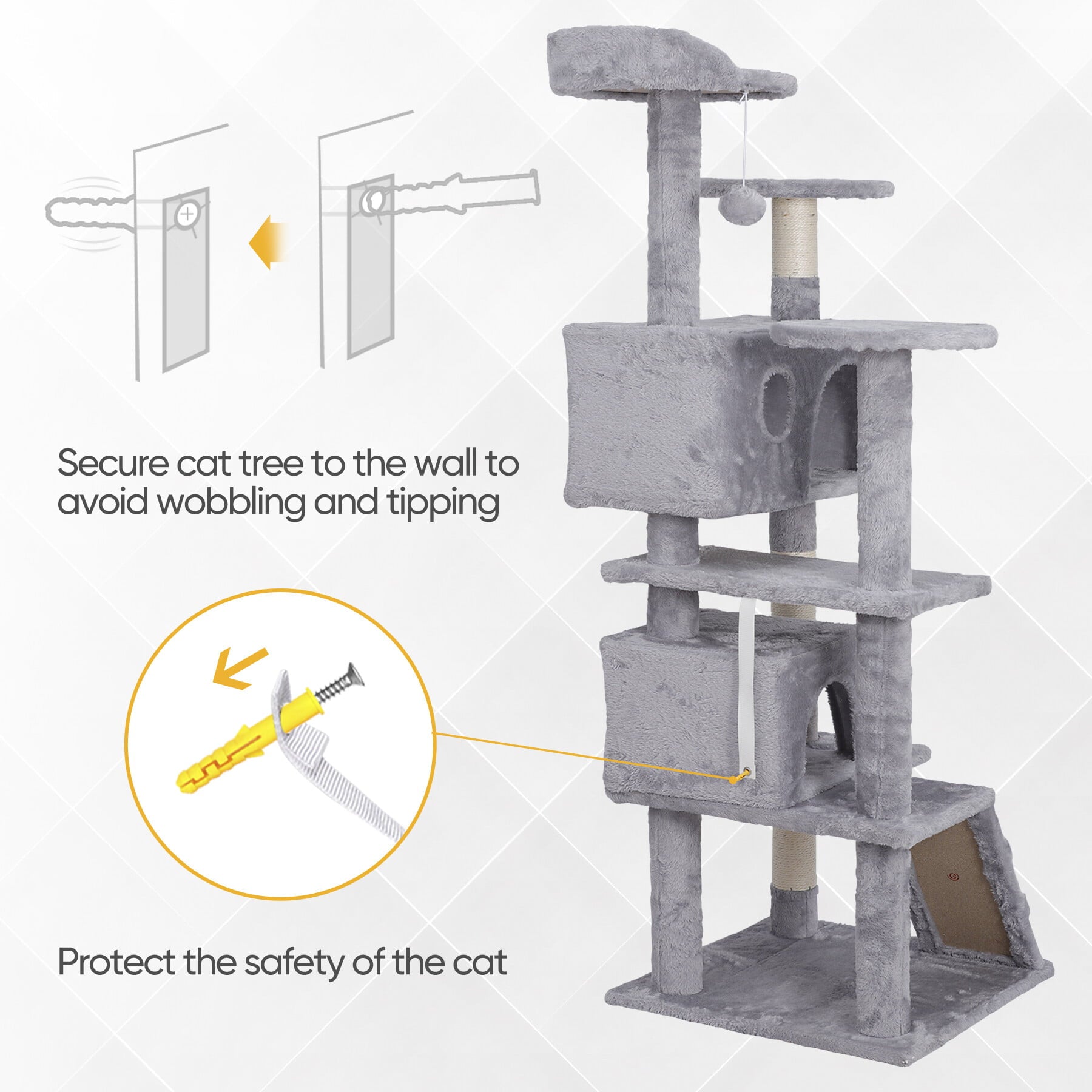 ZENSTYLE 55-in H Cat Tree and Condo Scratching Post Tower， Light Gray