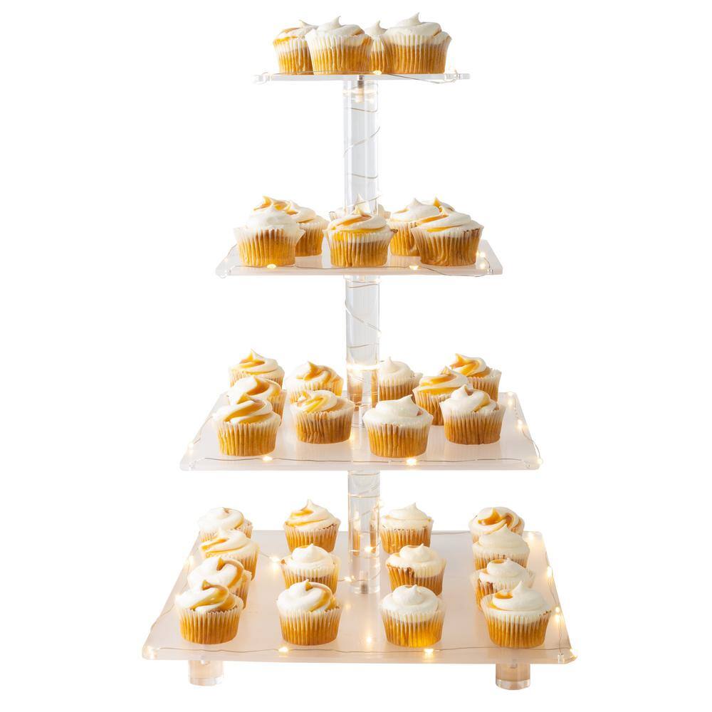 4-Tier Clear Acrylic Square Cupcake Display and Cake Stand with Yellow LED Lights 83-DT6144