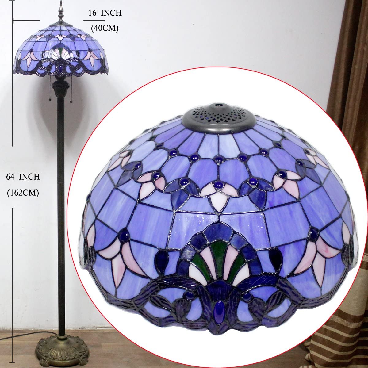 BBNBDMZ Tiffany Floor Lamp Blue Purple Baroque Stained Glass Standing Reading Light 16X16X64 Inches Antique Pole Corner Lamp Decor Bedroom Living Room  Office S003C Series