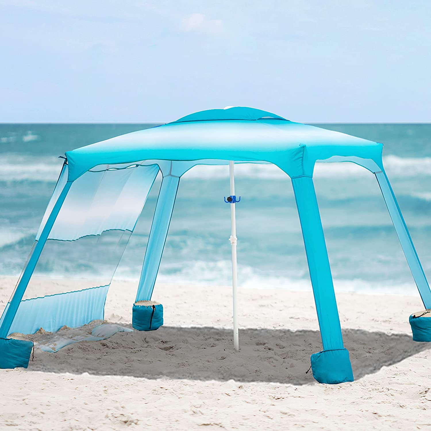 AMMSUN Beach Cabana，6.2' × 6.2' Beach Canopy with Sand Pockets，Sky Blue